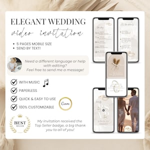 Elegant animated wedding video invitation template editable in Canva, featuring RSVP, wedding day schedule, and romantic couple photo. Mobile-friendly format with music, paperless, quick to edit, and 100% customizable. Perfect for sending via text or WhatsApp. Top Seller badge included, ideal for modern digital weddings.