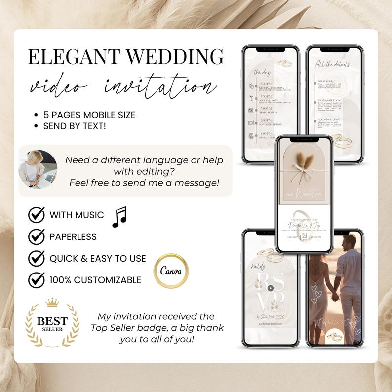 Elegant animated wedding video invitation template editable in Canva, featuring RSVP, wedding day schedule, and romantic couple photo. Mobile-friendly format with music, paperless, quick to edit, and 100% customizable. Perfect for sending via text or WhatsApp. Top Seller badge included, ideal for modern digital weddings.