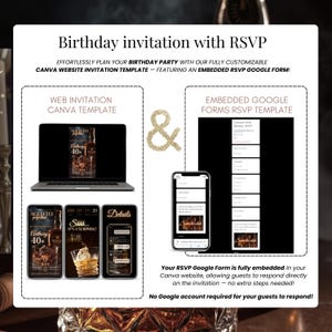 Editable 40th Birthday Digital Invitation for Men – Whiskey Theme Canva Template with built-in RSVP Google Form. Online birthday party invite with instant download, countdown timer, music option and customizable design. Perfect milestone birthday invitation for men, ideal for 40th birthday but also works for 50th and 60th celebrations. Share instantly via SMS, WhatsApp or email. No Google account required for guests to RSVP.