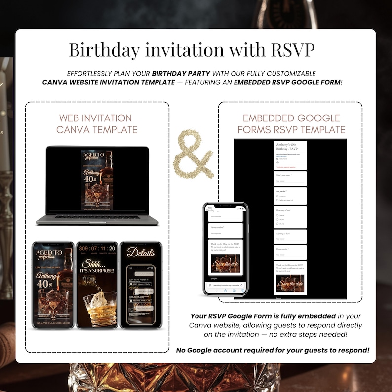 Editable 40th Birthday Digital Invitation for Men – Whiskey Theme Canva Template with built-in RSVP Google Form. Online birthday party invite with instant download, countdown timer, music option and customizable design. Perfect milestone birthday invitation for men, ideal for 40th birthday but also works for 50th and 60th celebrations. Share instantly via SMS, WhatsApp or email. No Google account required for guests to RSVP.