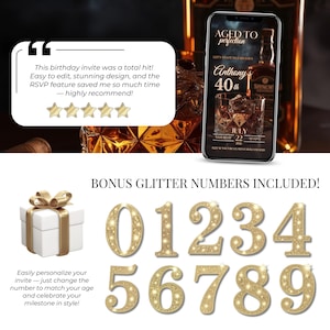 Editable 40th Birthday Digital Invitation for Men – Whiskey Theme Party Invite with RSVP, instant download and Canva template. Includes bonus glitter numbers 0-9 to customize for any age milestone like 30th, 40th, 50th or 60th birthdays. Stunning whiskey birthday design with five-star customer review, easy to edit and share online via SMS, WhatsApp or email. Aged to Perfection digital party invitation for men.