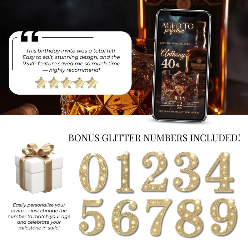 Editable 40th Birthday Digital Invitation for Men – Whiskey Theme Party Invite with RSVP, instant download and Canva template. Includes bonus glitter numbers 0-9 to customize for any age milestone like 30th, 40th, 50th or 60th birthdays. Stunning whiskey birthday design with five-star customer review, easy to edit and share online via SMS, WhatsApp or email. Aged to Perfection digital party invitation for men.
