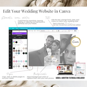 Editing the digital wedding invitation website in Canva, demonstrating fonts, colors, photos and layout customization for Save the Date invite.