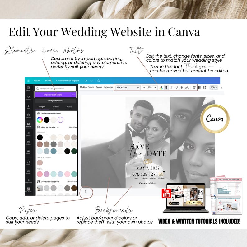 Editing the digital wedding invitation website in Canva, demonstrating fonts, colors, photos and layout customization for Save the Date invite.