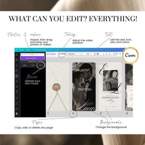 Canva editor screenshot showing how to edit a digital wedding invite video invitation: import photos and videos, adjust timing, edit text, pages and backgrounds