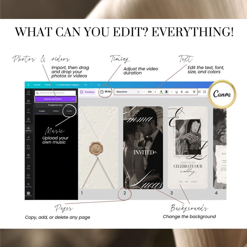 Canva editor screenshot showing how to edit a digital wedding invite video invitation: import photos and videos, adjust timing, edit text, pages and backgrounds