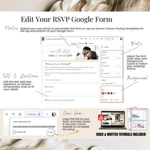 May include: A digital wedding RSVP form template with instructions. The form includes sections for photos, text, and questions. The template allows customisation of fonts, sizes, and background colours. Video and written tutorials are included.
