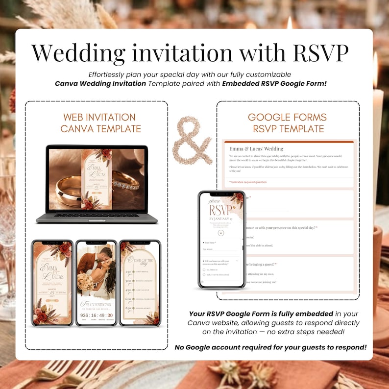 Burnt orange wedding invitation RSVP website Canva template with embedded Google Form RSVP, terracotta wedding invitation, interactive fall wedding invite, digital wedding invitation, wedding RSVP website, editable electronic wedding invitation