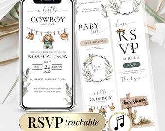 Cowboy Baby Shower Invitation - Digital Wild West Invite with RSVP - Editable Western Theme, A Little Cowboy is On The Way, Rodeo Party