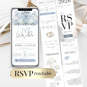 Digital Wedding Invitation with RSVP Link – Customizable Blue Online Wedding Invite Template – Trackable RSVP – Canva Editable Countdown