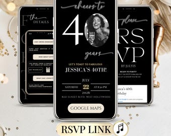 Invitation 40 Ans Digitale Animée – Modèle Canva Éditable Homme Femme – Animated Birthday eCard with RSVP Guest List Tracker 40th Birthday