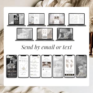 Digital Wedding Invitation with RSVP – Multiple laptop and phone previews showing animated Canva template pages, countdown, schedule, venue map, details and RSVP button – Send by email or text, modern online wedding website style, fully editable template – Templates4Branding