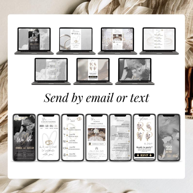 Digital Wedding Invitation with RSVP – Multiple laptop and phone previews showing animated Canva template pages, countdown, schedule, venue map, details and RSVP button – Send by email or text, modern online wedding website style, fully editable template – Templates4Branding