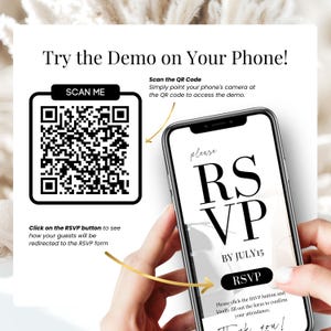 Try the RSVP demo on your phone with this digital wedding invitation template. Scan the QR code to access a live RSVP form preview. Mobile-friendly RSVP form included, fully customizable in Canva. Perfect for modern weddings with online RSVP tracking and instant response.