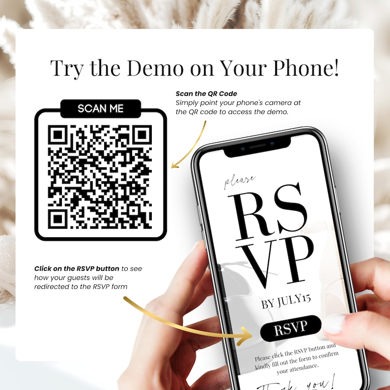 Try the RSVP demo on your phone with this digital wedding invitation template. Scan the QR code to access a live RSVP form preview. Mobile-friendly RSVP form included, fully customizable in Canva. Perfect for modern weddings with online RSVP tracking and instant response.