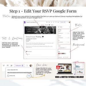 Step-by-step guide to editing your RSVP Google Form for a wedding. Customize text, photos, fonts, and colors to match your theme. Use Canva mockups to personalize the header and footer. Includes video and written tutorials for easy setup. Copy the form link to integrate with your digital wedding invitation.