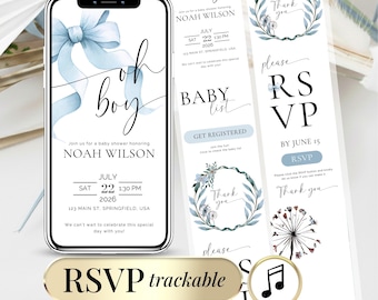 Blue Boy Baby Shower Invitation – Minimalist Wildflower Evite (Digital Download)