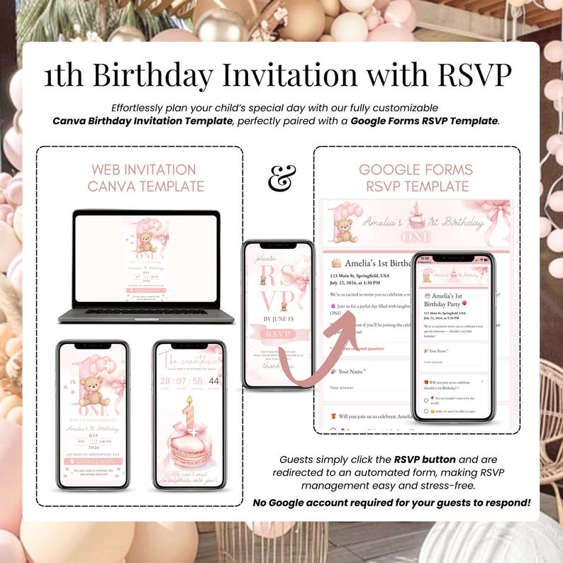 1st Birthday Invitation Teddy Bear Pink – Editable Canva Baby Girl ...