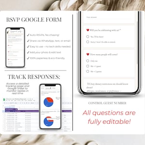 Track RSVP responses for engagement party using Google Form dashboard, editable RSVP questions and attendance tracking linked to Canva digital invitation.