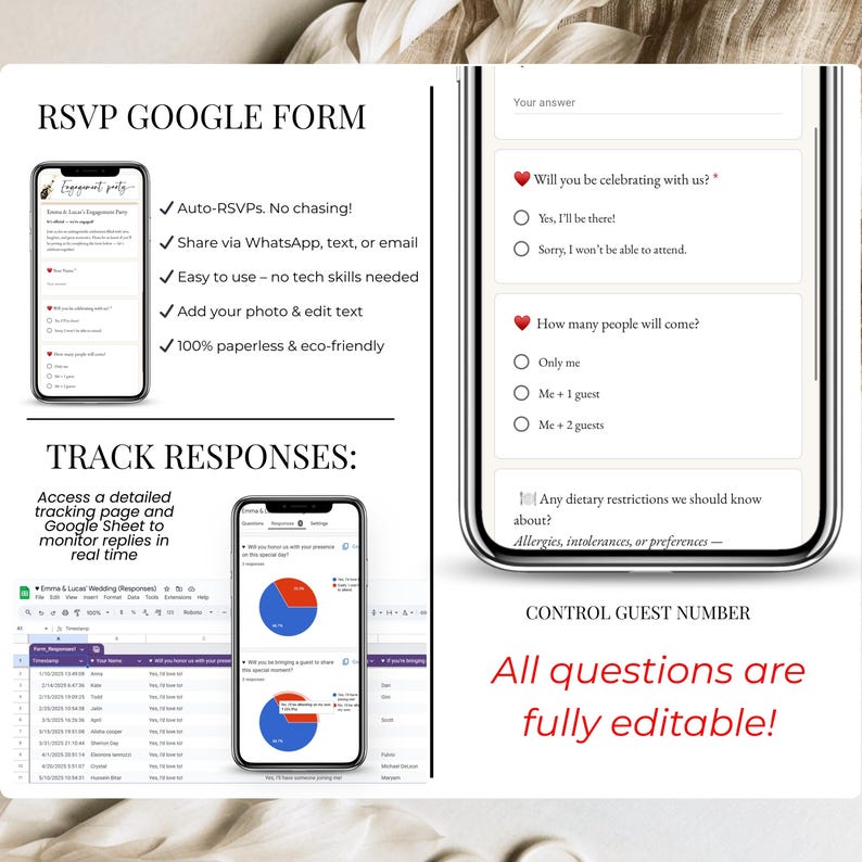 Track RSVP responses for engagement party using Google Form dashboard, editable RSVP questions and attendance tracking linked to Canva digital invitation.