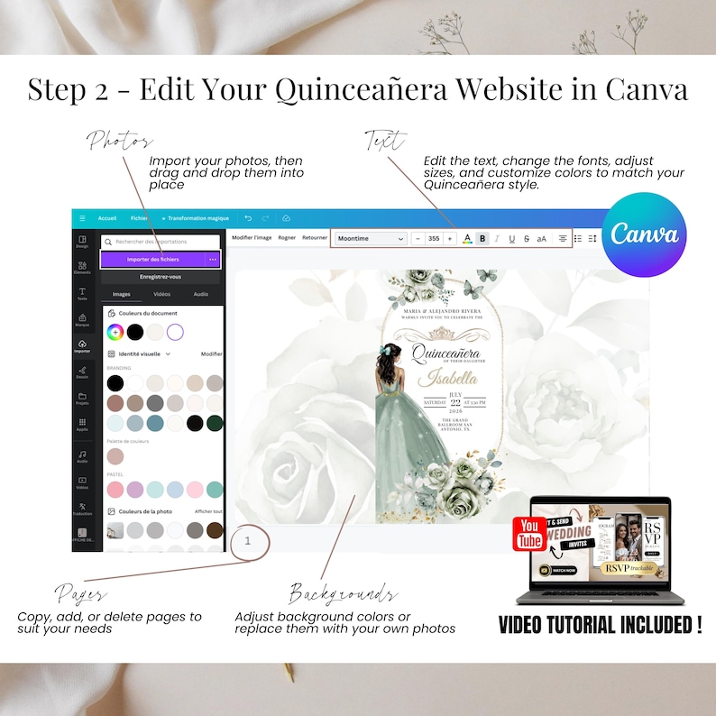 Step 2 – Edit Your Quinceañera Website in Canva – Sage Green Theme with RSVP Tracking Integration