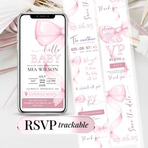 Digital Pink Bow Baby Shower Invitation Template for Girl – Editable Canva Evite with online RSVP form and real-time countdown timer. Features elegant pink bow design, mobile-friendly layout, and customizable RSVP tracking. Perfect for coquette baby shower theme, instant download, and modern party planning. Ideal for baby girl celebration with sweet and minimalist style.