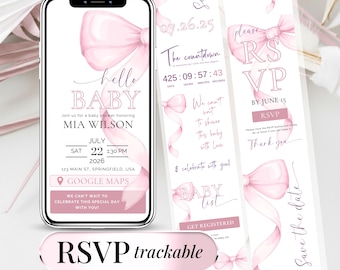 Pink Bow Baby Shower Invitation Editable Template for Girl Digital Baby Shower Website Party Coquette Invite RSVP Evite Instant Download
