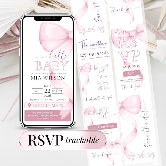 Pink Bow Baby Shower Invitation – Editable Template for Girl – Coquette Evite RSVP – Faire-part Fête Prénatale Fille – Instant Download