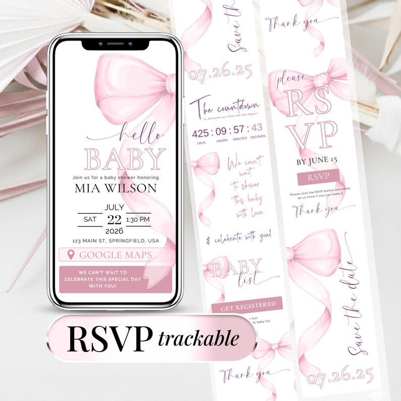 Digital Pink Bow Baby Shower Invitation Template for Girl – Editable Canva Evite with online RSVP form and real-time countdown timer. Features elegant pink bow design, mobile-friendly layout, and customizable RSVP tracking. Perfect for coquette baby shower theme, instant download, and modern party planning. Ideal for baby girl celebration with sweet and minimalist style.