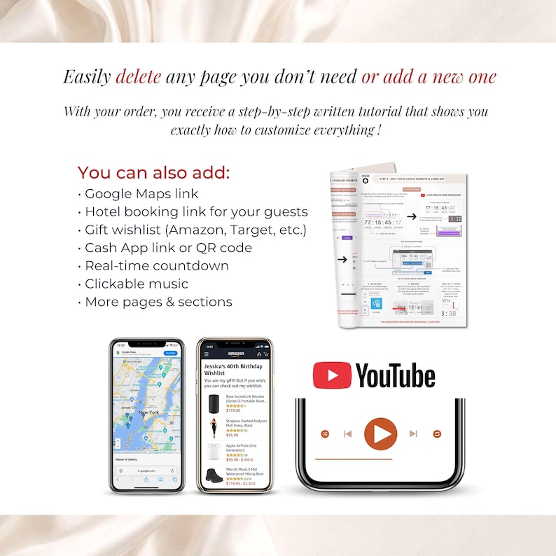 Editable digital birthday website with Google Maps, gift wishlist, real-time countdown and clickable music. Black white and gold glam birthday invitation for 30th, 40th, 50th or any age, customizable in Canva with extra pages and links.