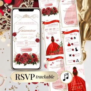 Floral Red Quinceañera Invitation Digital Template for Sweet 15 or 16, Elegant Red Gold Editable Mis Quince Birthday Invite Quinceanera RSVP