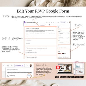 Editable RSVP Google Form customization view, explaining how to edit questions and collect guest responses for wedding invitations.