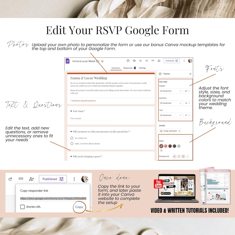 Editable RSVP Google Form customization view, explaining how to edit questions and collect guest responses for wedding invitations.