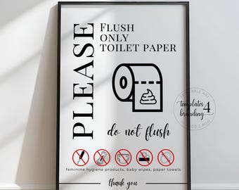 Flush Only Toilet Paper Sign - Do Not Flush Feminine Products - Airbnb Bathroom Decor - Printable Sign - Vacation Rental Funny Toilet Sign