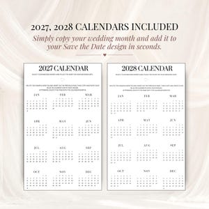 2027 and 2028 wedding calendar templates displayed side by side on an ivory fabric background. Bonus editable calendars for a Canva Save the Date wedding website, allowing couples to highlight their wedding date.