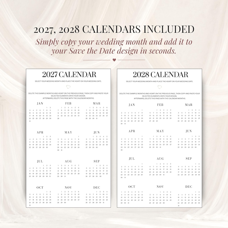 2027 and 2028 wedding calendar templates displayed side by side on an ivory fabric background. Bonus editable calendars for a Canva Save the Date wedding website, allowing couples to highlight their wedding date.