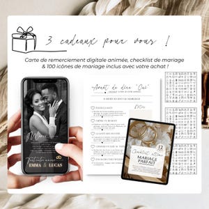 Trois cadeaux offerts : carte de remerciement digitale, checklist mariage et icônes à utiliser dans les designs. Présentation élégante sur fond beige avec aperçu mobile.