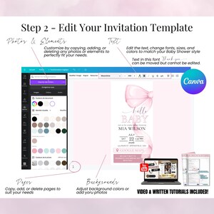 Step-by-step guide to edit Pink Bow Baby Shower Invitation Template in Canva – Customize text, fonts, colors, photos, backgrounds, and pages. Easy-to-use interface perfect for beginners. Includes video and written tutorials. Editable digital evite for girl baby shower with soft pink coquette design. Ideal for creating personalized invitations with Google Maps RSVP integration.