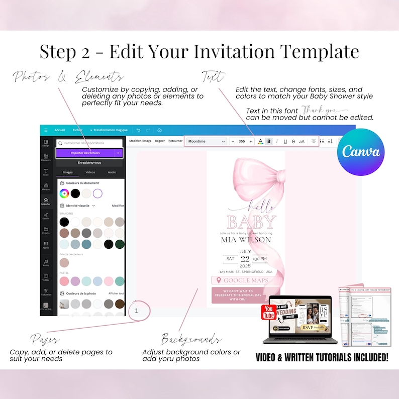 Step-by-step guide to edit Pink Bow Baby Shower Invitation Template in Canva – Customize text, fonts, colors, photos, backgrounds, and pages. Easy-to-use interface perfect for beginners. Includes video and written tutorials. Editable digital evite for girl baby shower with soft pink coquette design. Ideal for creating personalized invitations with Google Maps RSVP integration.