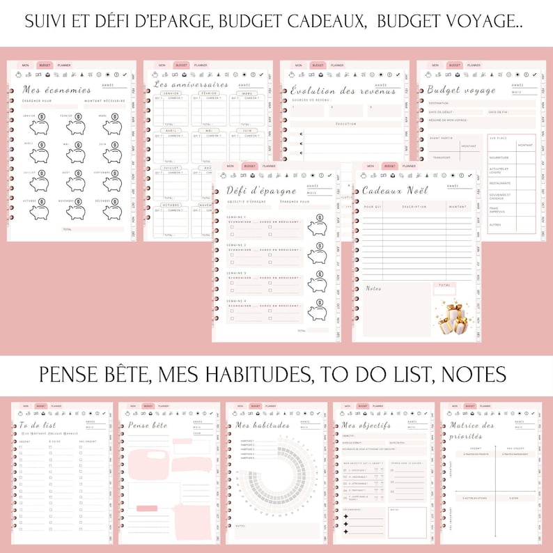 Planificateur budgétaire français non daté avec suivi financier mensuel et annuel. Parfait pour organiser vos dépenses, fixer des objectifs financiers, et gérer vos finances de manière pratique. Compatible avec une utilisation imprimée ou numérique.
