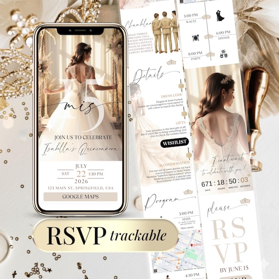 Digital Quinceanera Invitation Editable RSVP Template for Sweet 15 Elegant Quinceanera Website Mis Quince Anos Sweet 16 Invitation Download