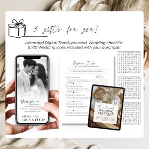 Digital thank you card and bonus content included with engagement party Canva invitation, editable designs shown on smartphone mockups.