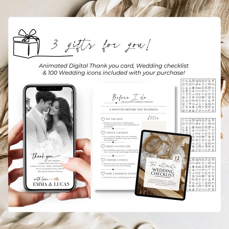 Digital thank you card and bonus content included with engagement party Canva invitation, editable designs shown on smartphone mockups.