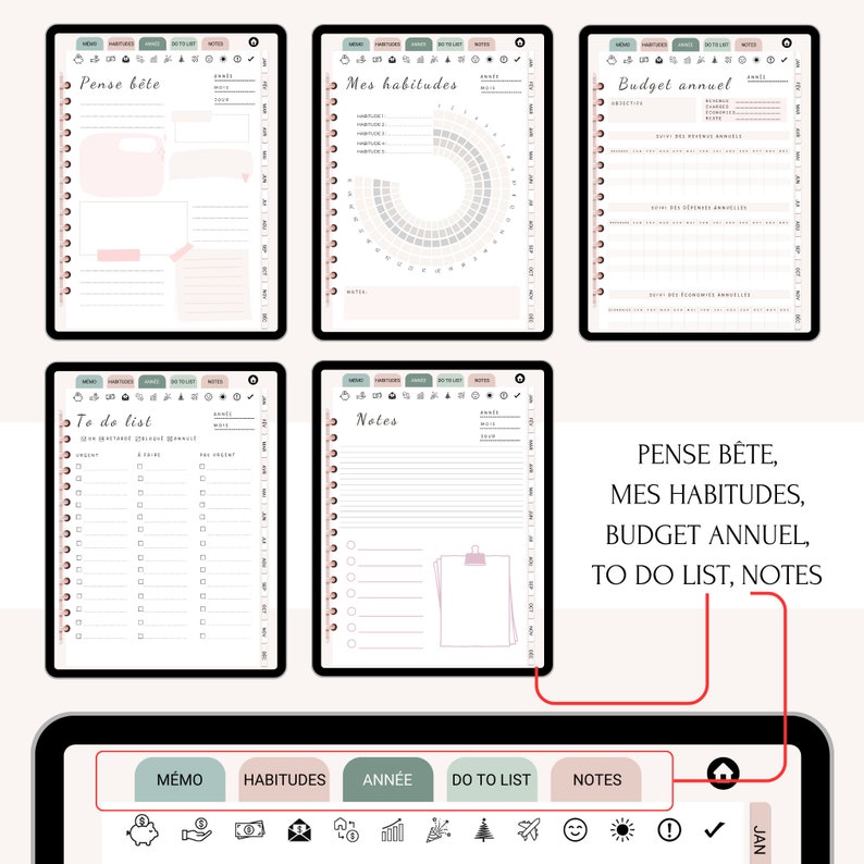 Budget Planner Français Digital non daté pour goodnotes, Suivi financier mensuel et annuel, Planificateur de Budget Non Daté, Agenda budget