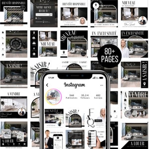 Könnte beinhalten: Eine Collage von Instagram-Posts mit Bildern von Innenarchitektur, Immobilienangeboten und Marketingmaterialien für eine Immobilienagentur. Der Text auf den Bildern lautet "A Vendre", "A Louer", "En Exclusivité", "Saisir", "Bientot Disponible" und "Notre Agence Recrute!"