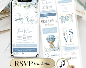 Może przedstawiać: Smartfon wyświetlający cyfrowe zaproszenie na baby shower dla chłopca, z niebieskimi akcentami kwiatowymi, misiem i tekstem zawierającym imię Noah Wilson, datę 22 lipca 2026 oraz Google Maps. Obok pionowy układ przedstawia loterię pieluszkową i RSVP.