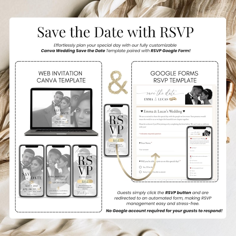 Save the Date digital wedding invitation with RSVP link displayed on mobile, showing editable Canva wedding invitation template and integrated Google Form RSVP for online guest responses.