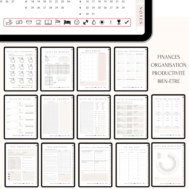 Planner Digital 2026 avec trackers et suivis – Organisez votre année avec plus de 15 pages spécialisées : suivi du budget, économies, repas, nettoyage, lecture, films, sommeil, humeur, exercices, habitudes. Inclut aussi objectifs, routines, matrice des priorités et to-do list. Compatible GoodNotes, Notability, iPad et tablettes. Un agenda numérique complet en français pour une organisation claire et efficace toute l’année !