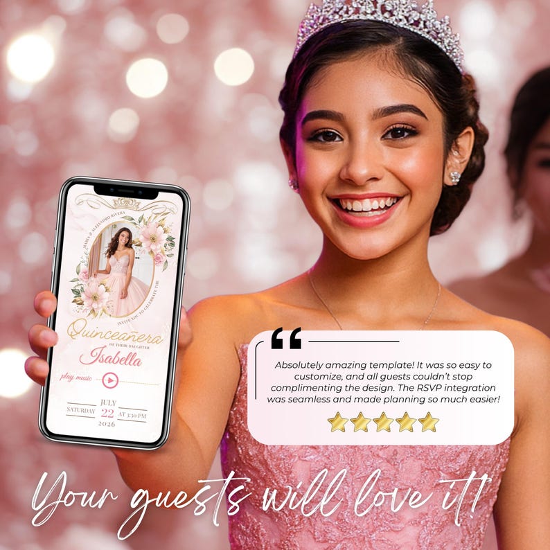 Smiling Quinceañera girl holding her digital invitation on a phone. Editable Canva template features RSVP integration, floral pink design, and event details. Five-star customer review highlights ease of customization and guest satisfaction. Perfect for Sweet 16 or 15th birthday party planning. Guests can RSVP online and enjoy a seamless invitation experience.