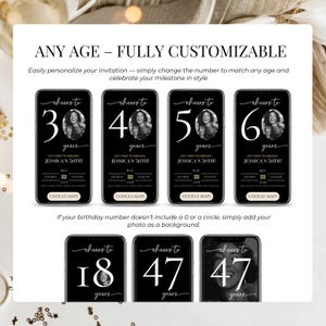 Graphic showing that this digital birthday invitation template is fully customizable for any age, featuring examples for 18th, 30th, 40th, 50th, and 60th birthdays. Highlighting the versatility of this editable animated smartphone invite for various milestone celebrations.